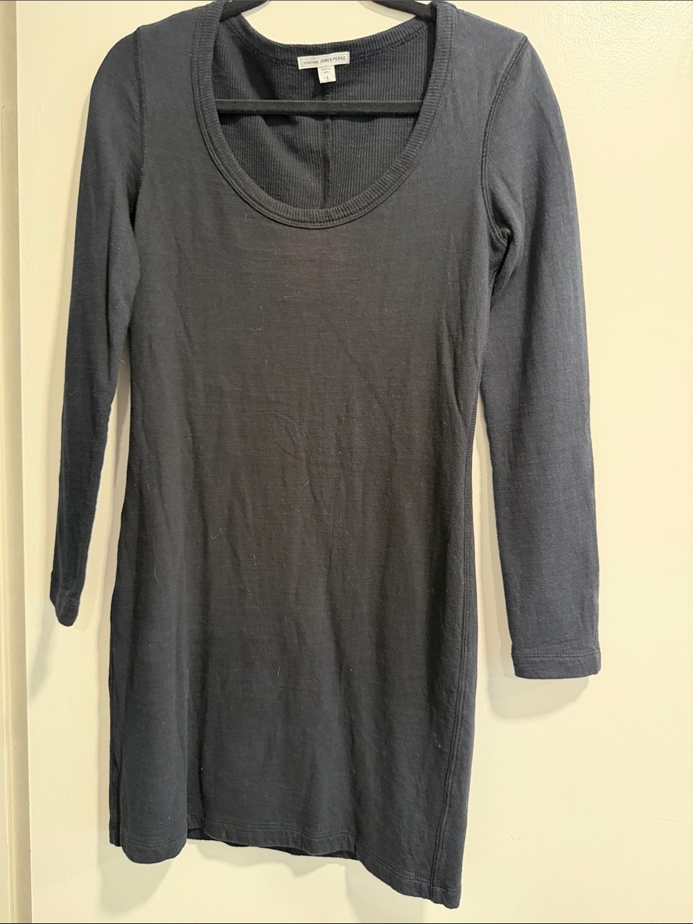 James Perse Black Long Sleeve Scoop Neck Knee Length Knit Dress Sz 1